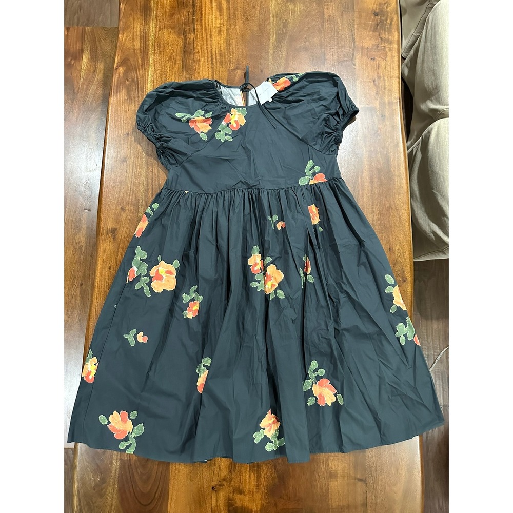 Naya Rea Floral Puff Sleeve Cotton Midi Dress Black Orange Size S